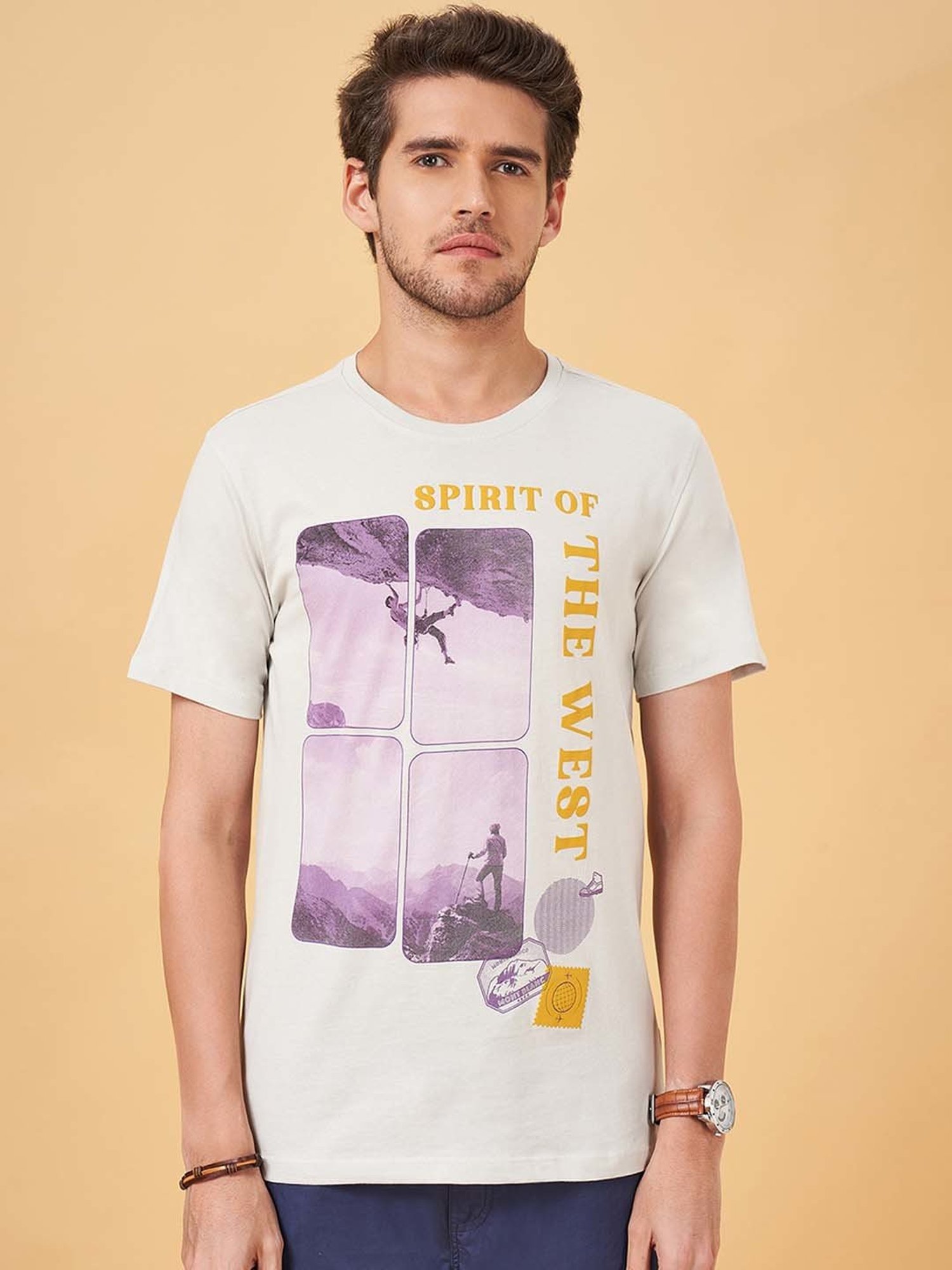 Urban Ranger by Pantaloons Off White Slim Fit Printed Crew T-Shirt