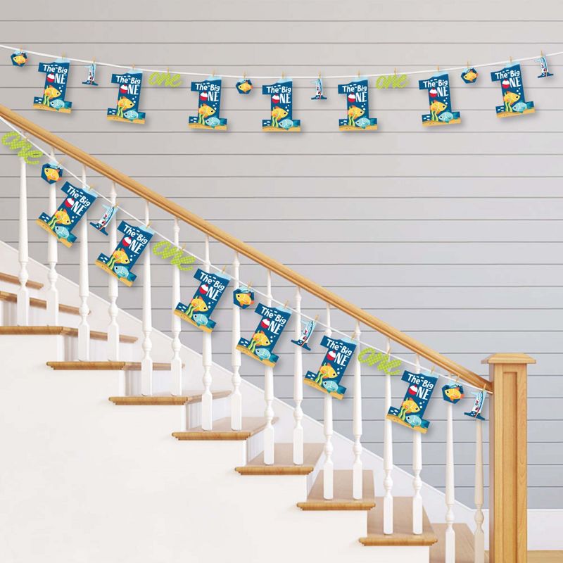 Big Dot of Happiness 1st Birthday Reeling in the Big One - Fish First Birthday Party DIY Decorations - Clothespin Garland Banner - 44 Pieces