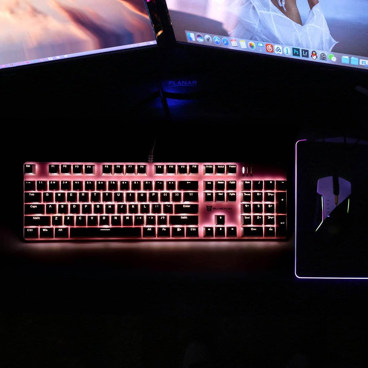 Merdia Mechanical Keyboard Gaming Keyboard with Blue Switch Wired White LED Backlit Keyboard Full Size 104 Keys US Layout(Pink)
