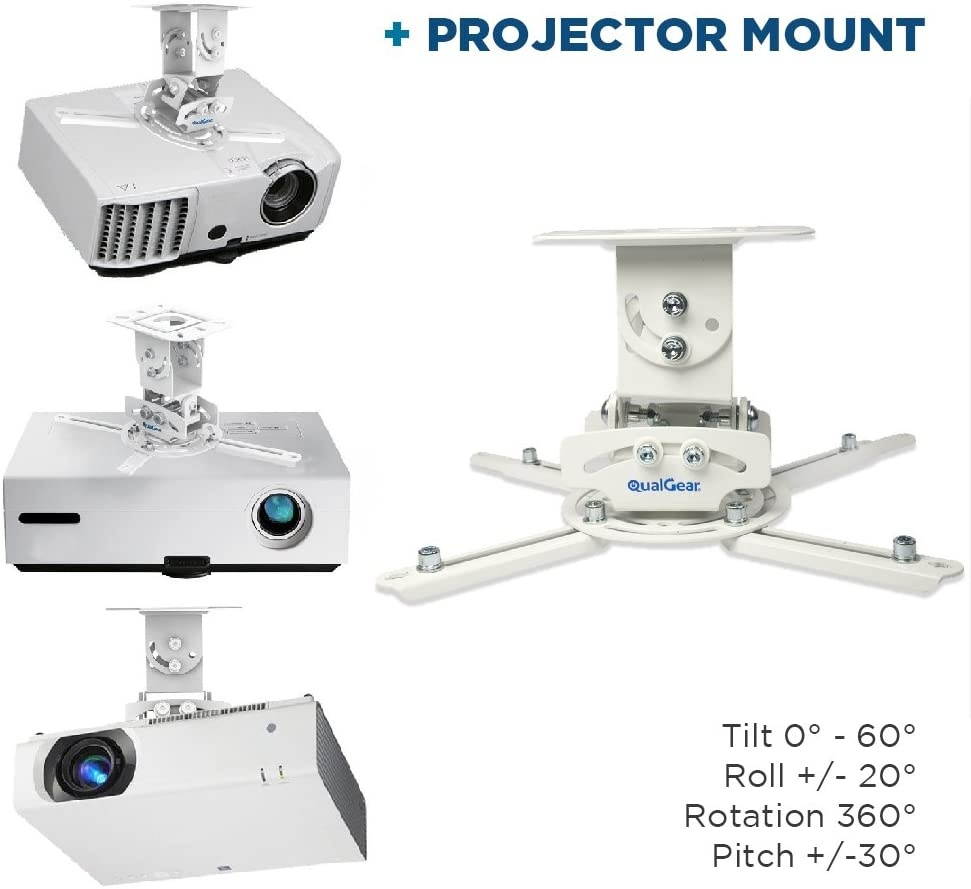 QualGear Projector Ceiling Mount Bundle with 110" Ultra White Fixed Frame Projector Screen & 25' HDMI Cable Hardware Mount (PRB-717&ndash;Wht-110W-25ft)