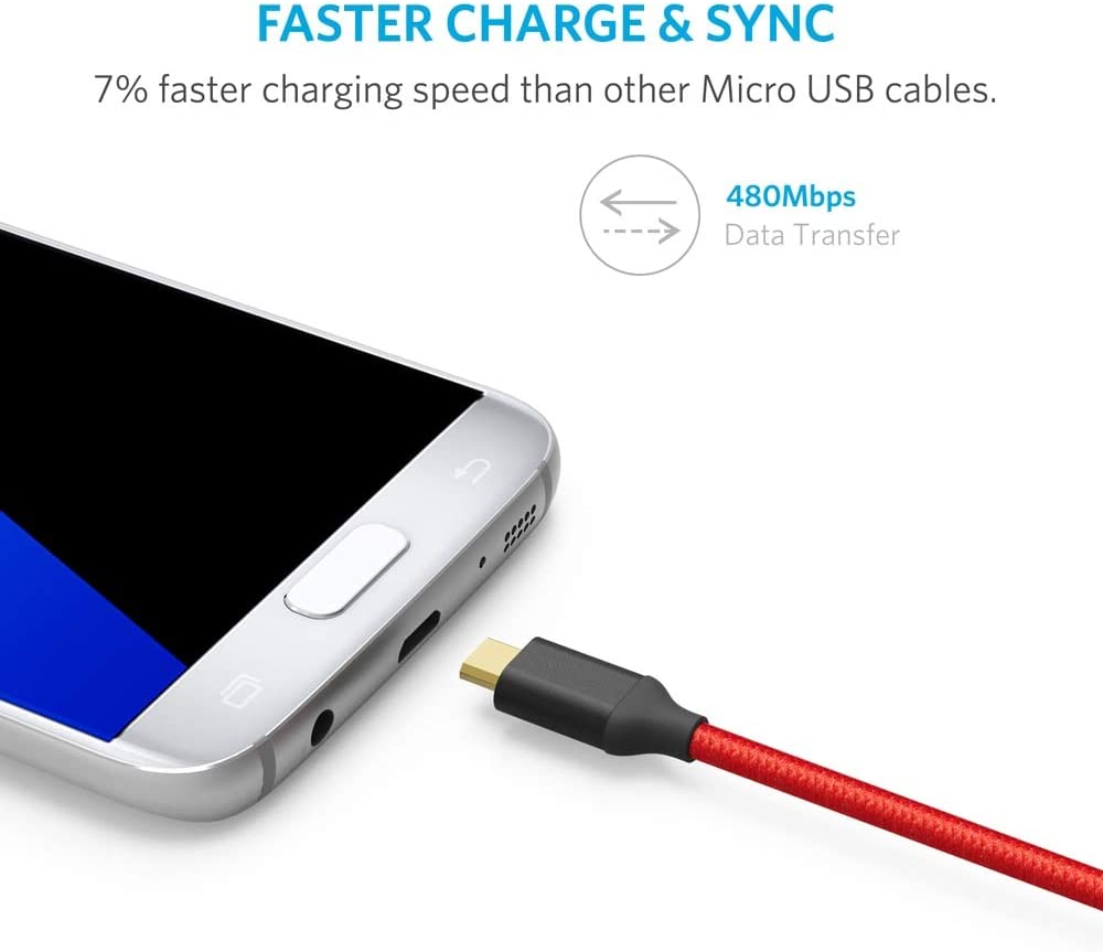 [2-Pack] Anker&reg; 6ft / 1.8m Nylon Braided Tangle-Free Micro USB Cable with Gold-Plated Connectors for Android, Samsung, HTC, Nokia, Sony and More (Red)