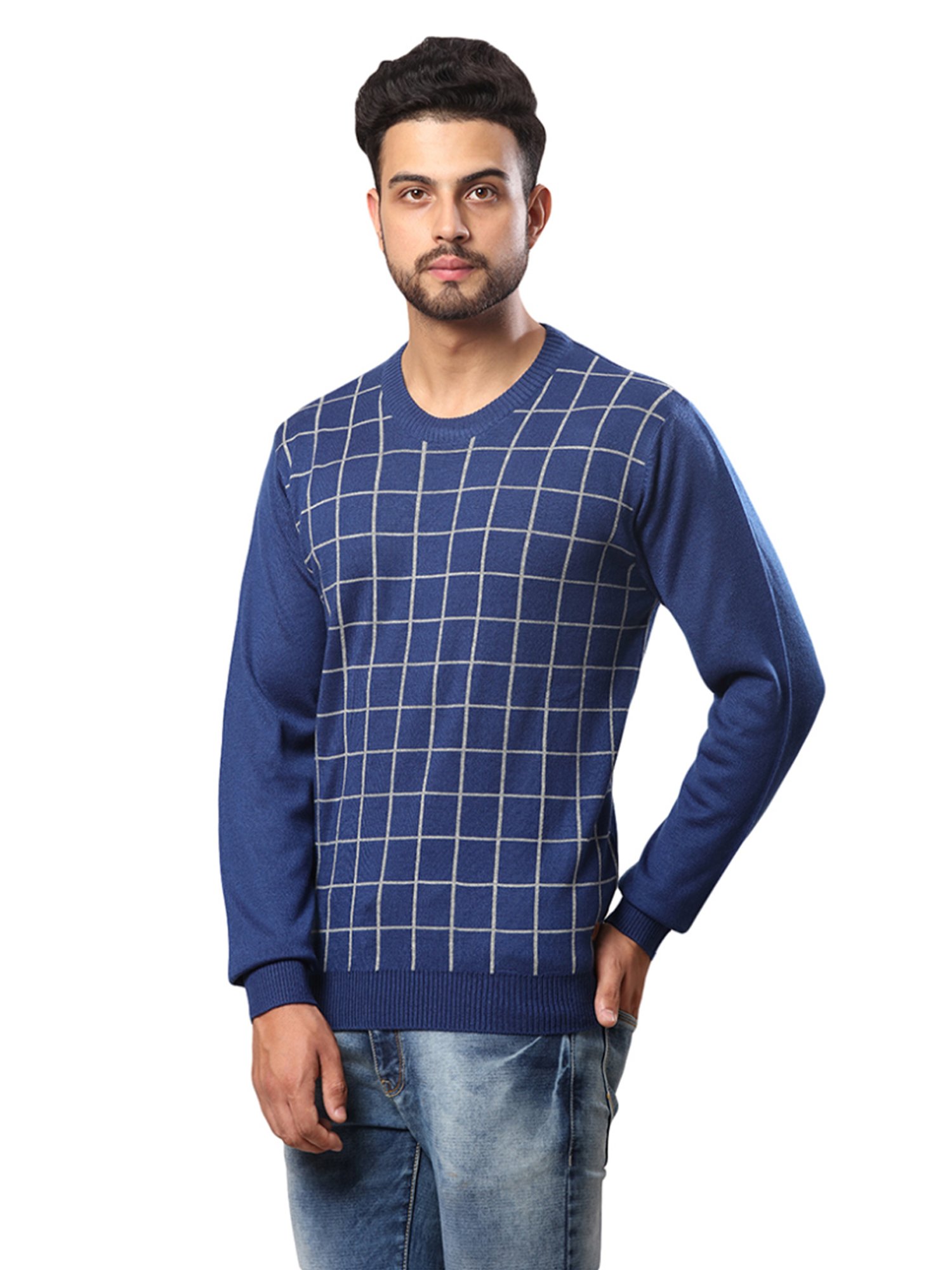 Raymond Blue Regular Fit Checks Sweater