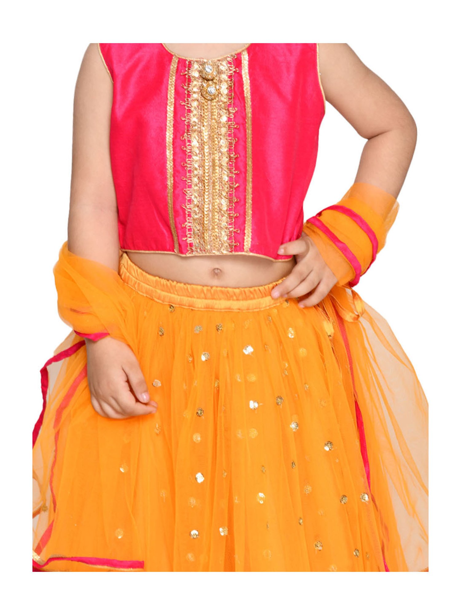 Saka Designs Kids Pink & Orange Embellished Lehenga with Choli & Dupatta