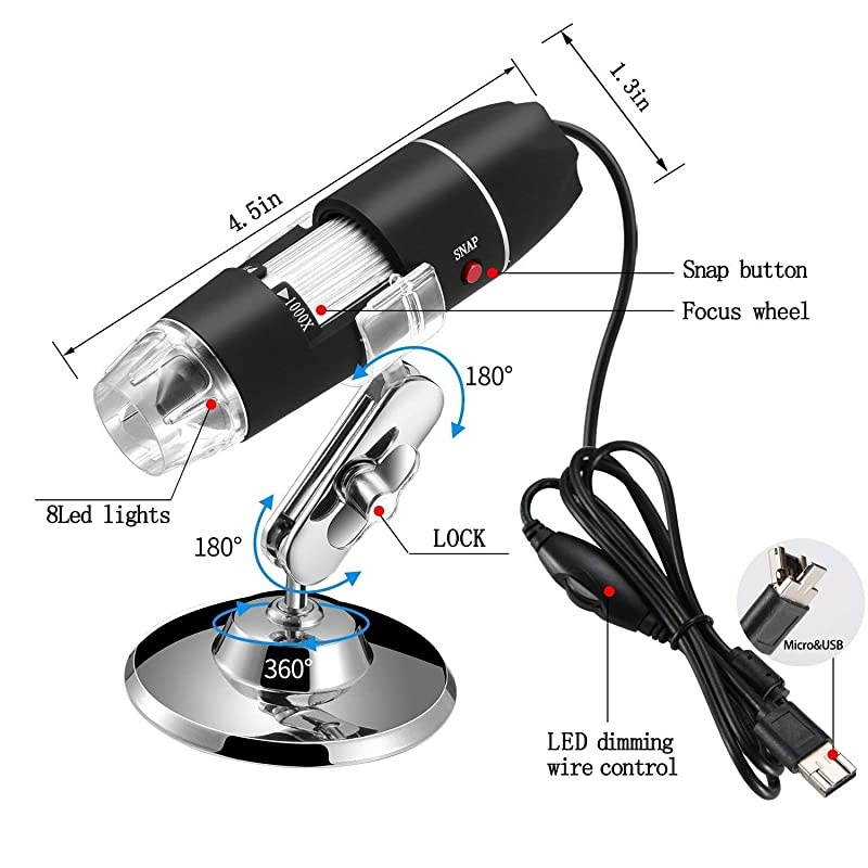 40 to 1000x Magnification Endoscope 8 LED USB 20 Digital Microscope Mini Camera with OTG Adapter and Metal Stand Compatible with Mac Window 7 8 10 Android Linux