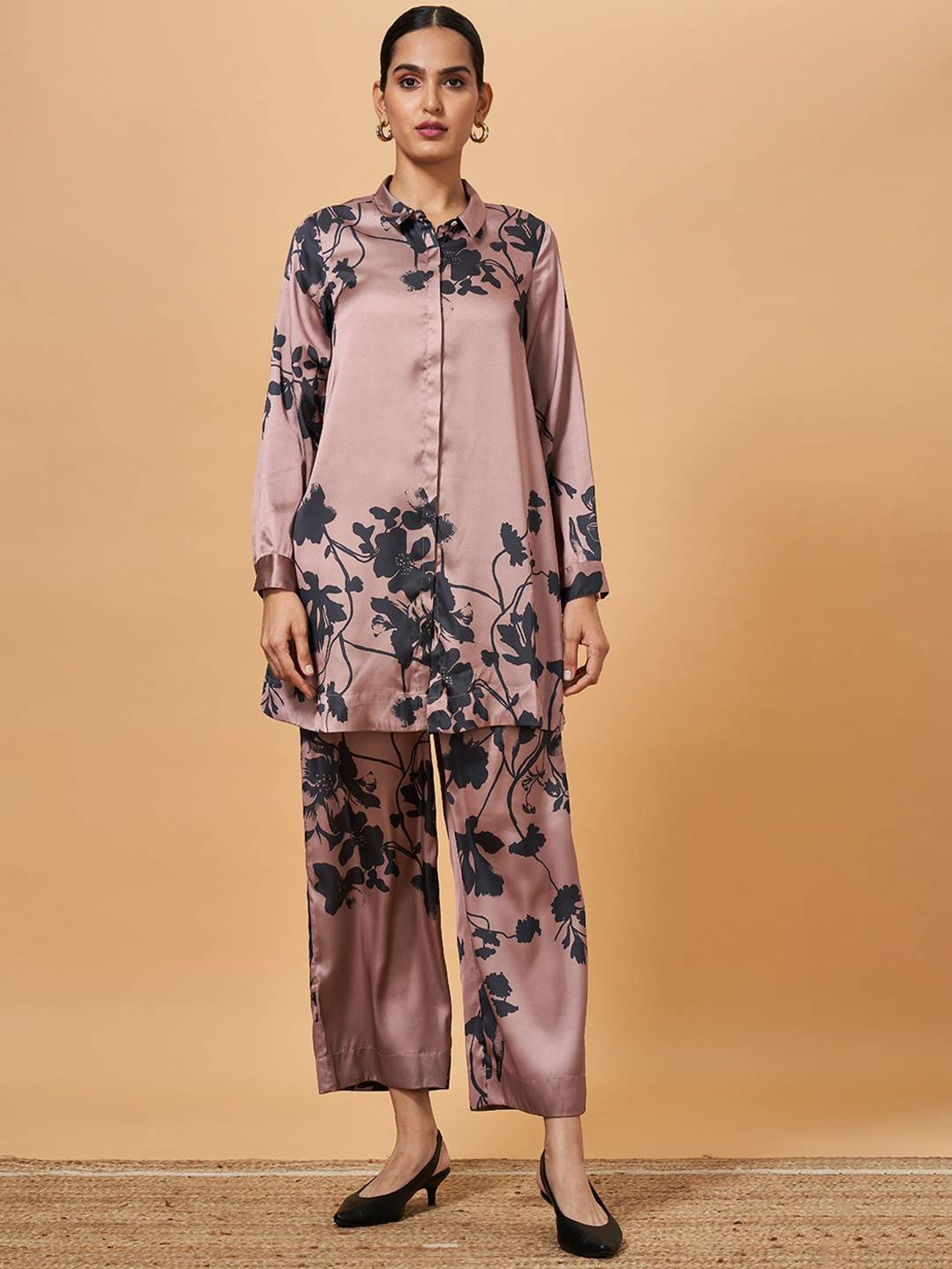 Marigold Lane Brown Floral Print Shirt Pant Set