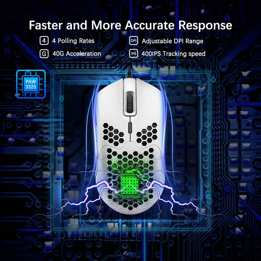 Lightweight Wired Gaming Mouse with 7 Button 26RGB Backlit Programmable Driver PAW3325 12000 DPI Optical Sensor Ultralight Ergonomic 65G Honeycomb Shell Ultraweave Cable for PC Xbox PS4 Gamer