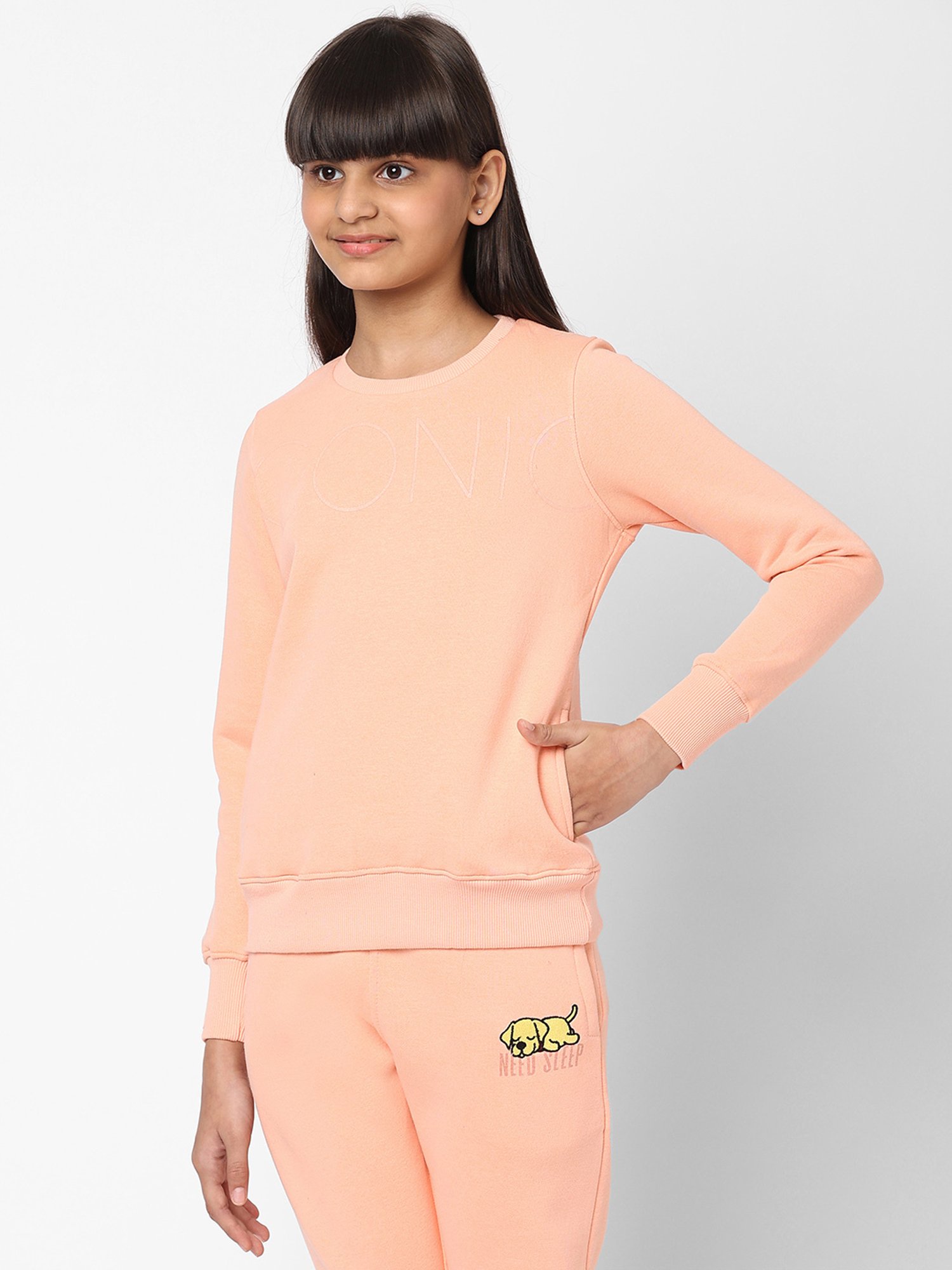 Sweet Dreams Girls Peach Solid Full Sleeves Sweater