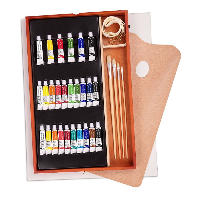 Craftabelle &ndash; Arts Easel and Canvas &ndash; 34pc Set with Paint Supplies &ndash; Wooden Italian Easel (CF2441Z)
