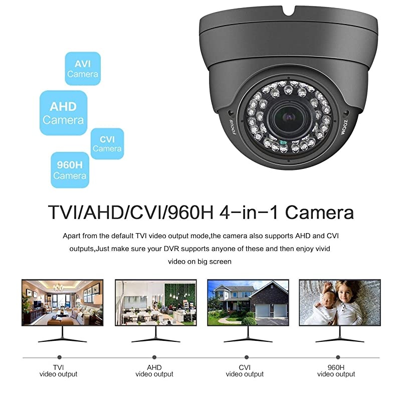 2MP Analog CCTV Camera HD 1080P 4in1 TVIAHDCVICVBS Dome Security Camera 2812mm Varifocal Wide Viewing Angle Weatherproof indoor outdoor Eyeball Camera for Home Video Surveillance Grey