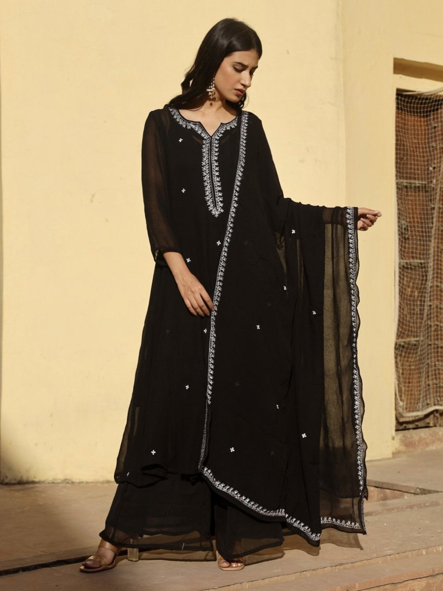 Asrumo Black Georgette White Dot Anarkali Set