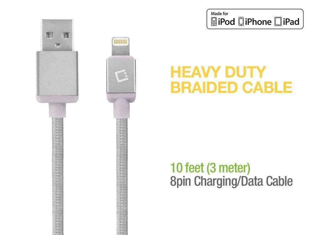 For iPhone iPad iPod Silver 10ft Lightning Braided USB Charger Data Sync Cable
