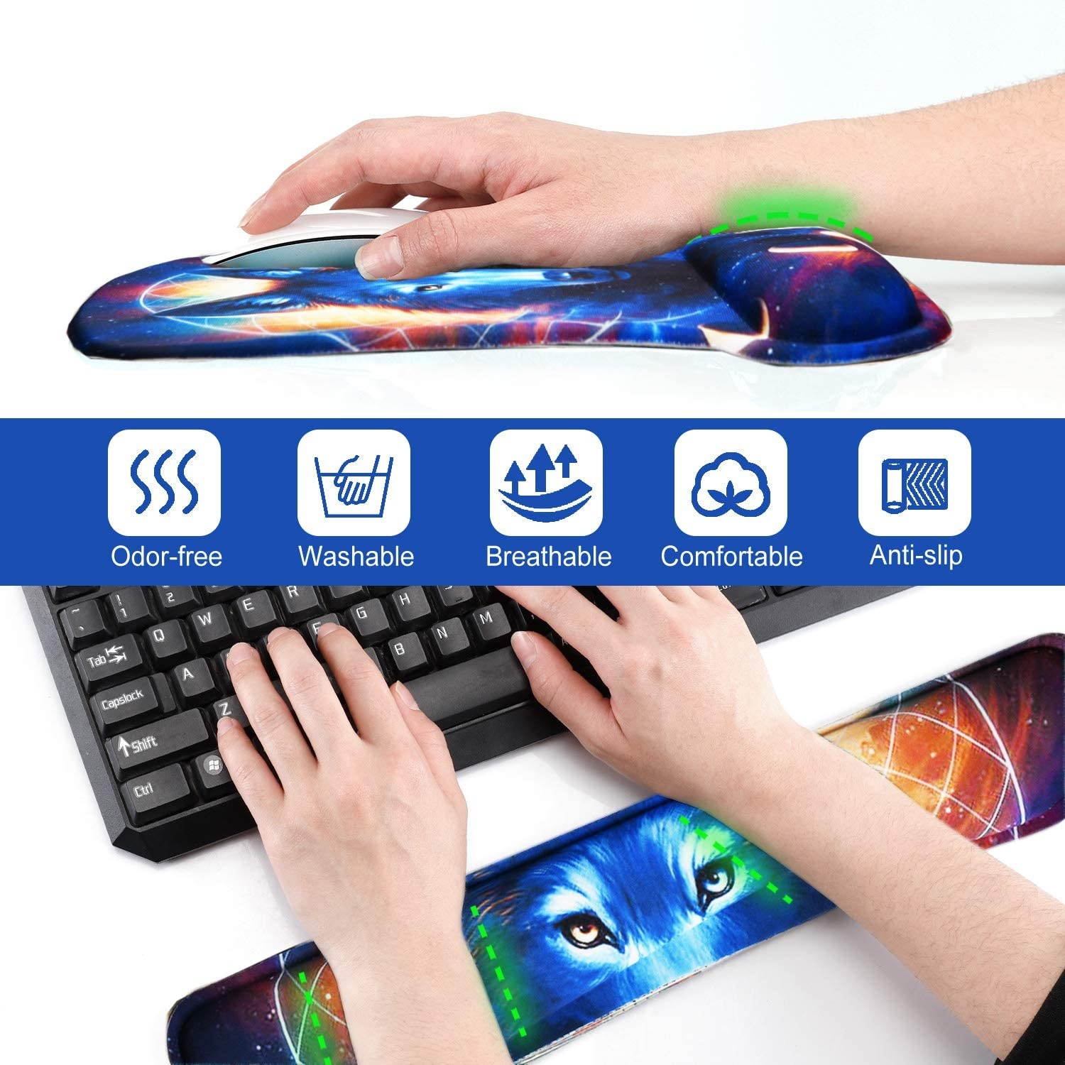 Keyboard Pad Wrist Rest Mouse Pad, ToLuLu Gel Ergonomic Mouse Pads Wrist Support for Computer Laptop, Mousepad Keyboard Wrist Support w/Memory Foam for Easy Typing & Pain Relief, Desk Decor Cool Wolf