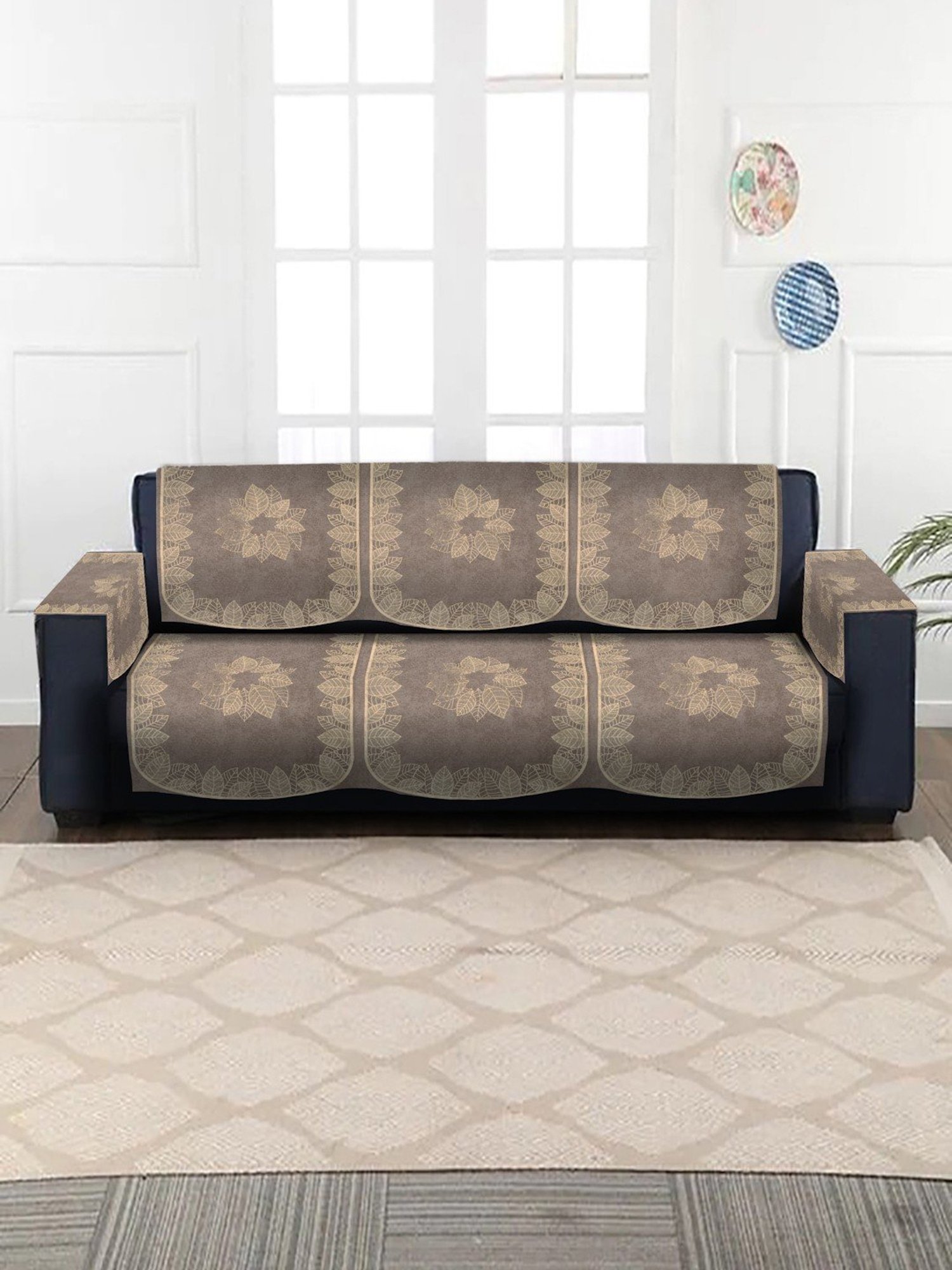 HOSTA HOMES Brown Velvet 3 Seater Sofa Cover with Arm Rest