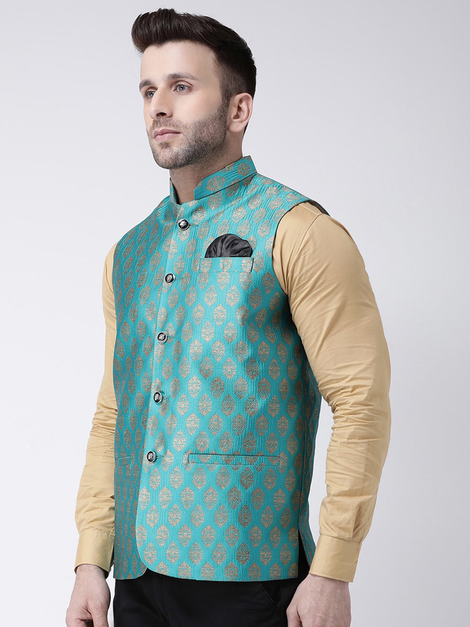 Hangup Plus Turquoise Regular Fit Jacquard Nehru Jacket