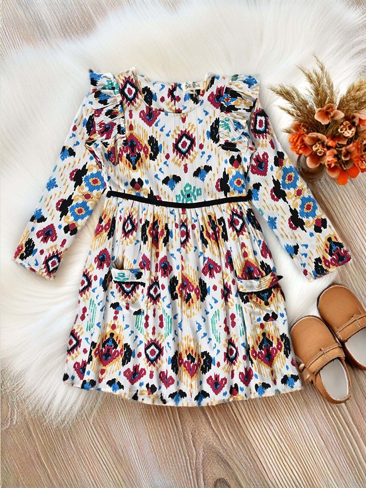 Bella Moda Kids White Cotton Printed Full Sleeves Dress