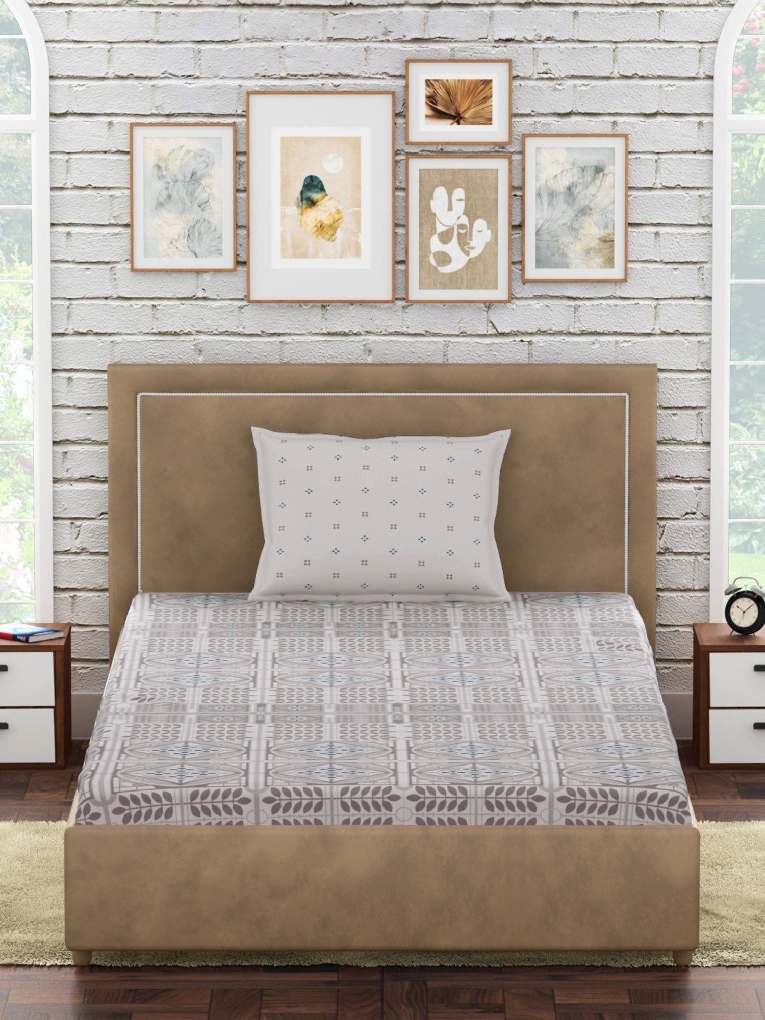 Petal Home Strasbourg Geometric Grey 300 TC Cotton Single Bed Sheet with 1 Pillow Cover