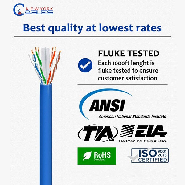 CAT6 Plenum (CMP) Cable, 1000FT | Fluke Tested | 23AWG, 550MHz Network Cable Unshielded Twisted Pair (UTP) Blue