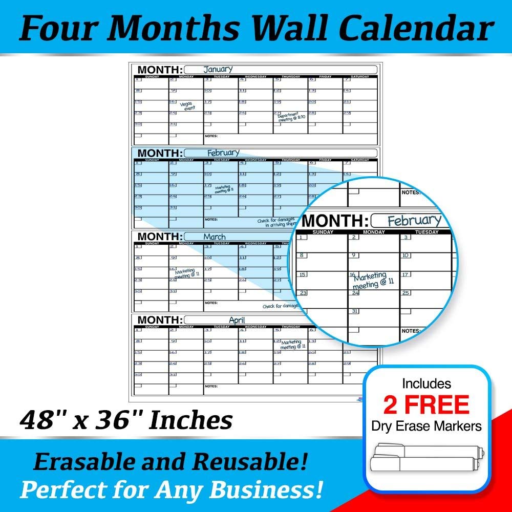 Business Basics EXTRA LARGE Dry Erase 4 Month 24" x 36" in Wall Calendar Laminated Dry or Wet Erase Print Squares to Plan Your Whole Day Perfect for School Office Cubicle Home College Dorms