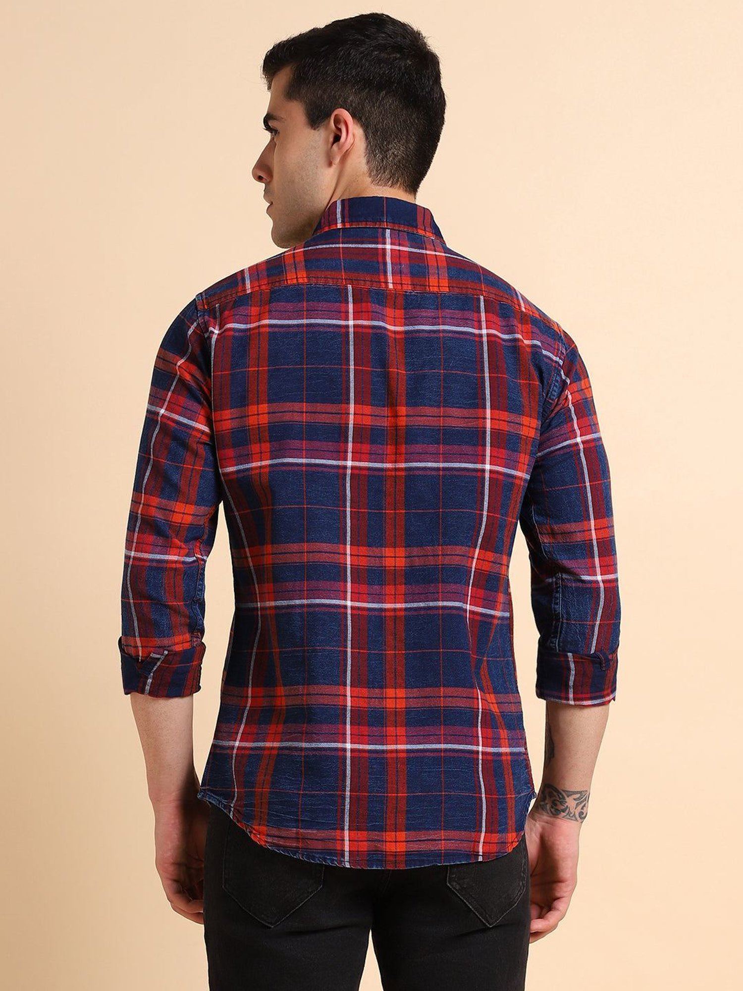 Dennis Lingo Red & Navy Cotton Slim Fit Checks Shirt