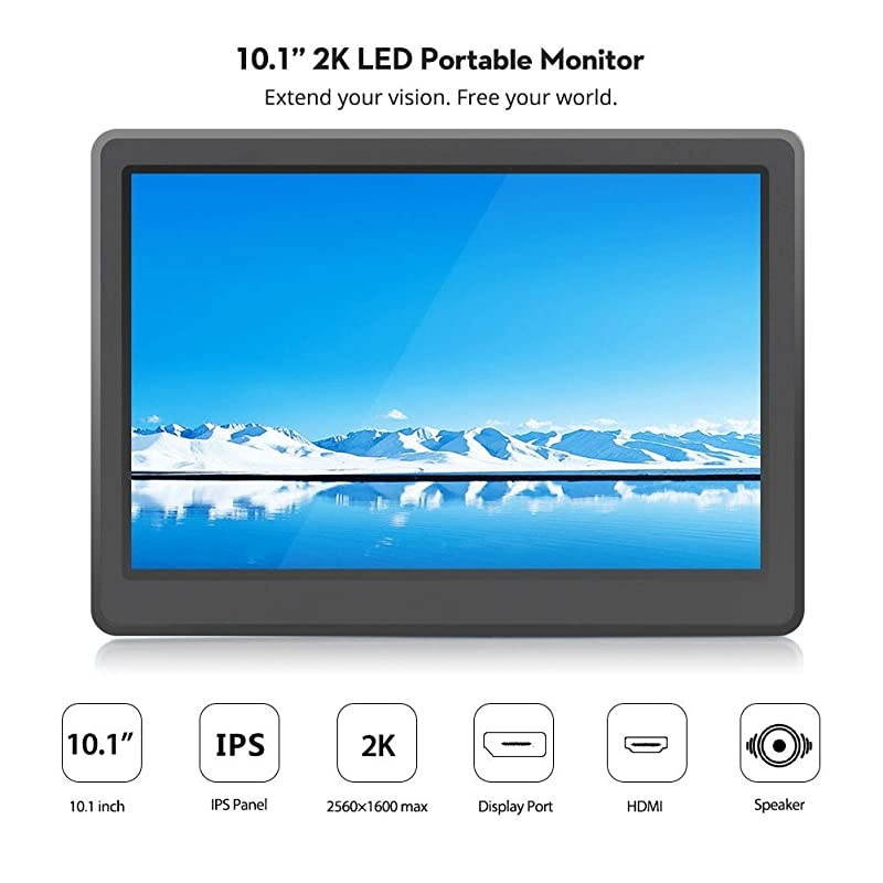 2K Portable Monitor 10.1 Inch Portable Display Raspberry Pi Screen IPS 2560x1600 QHD with HDMI DP Port Compatible with Raspberry Pi Windows PC Game Console