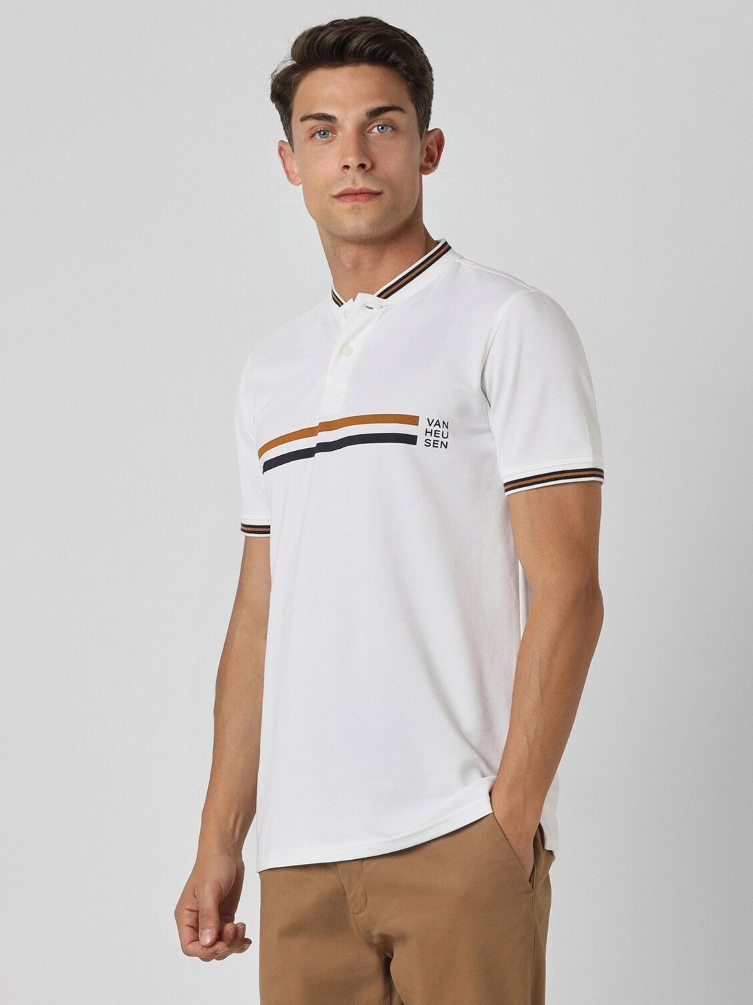 Van Heusen White Regular Fit Printed Henley T-Shirt