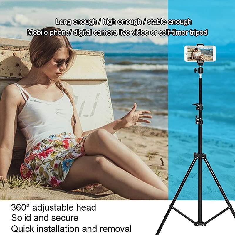 to 82 Inch Extendable Tripod with Mobile Phone Clip Mount Camera Tripod Compatible with Most Cell Phones DSLRs Digital Cameras and Action Cameras for Selfie and Live Video 82 in Silvery