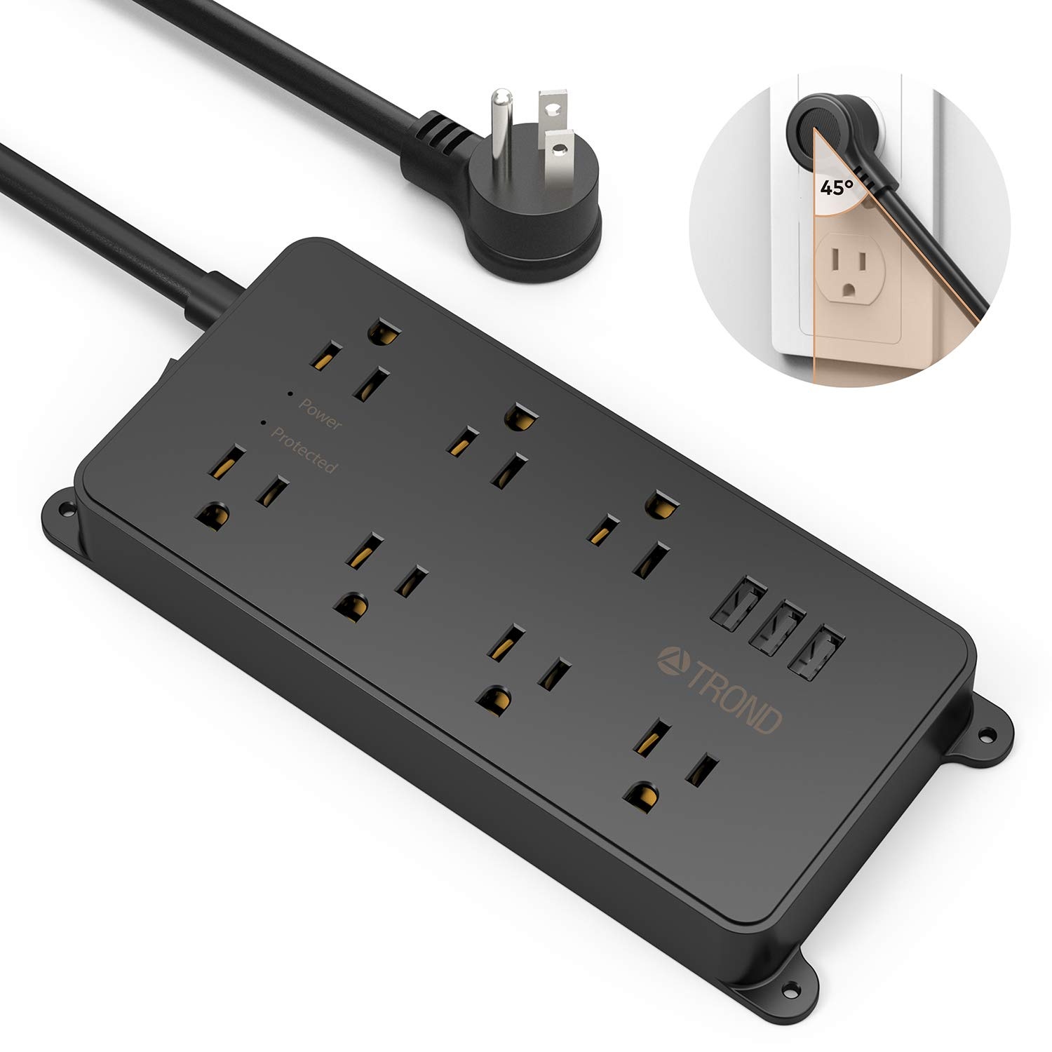 TROND Surge Protector Power Strip with 3 USB Ports, ETL Listed, 7 Widely-Spaced Outlets, Flat Plug, 1700 Joules, 5ft Extension Cord, Wall Mountable, Black