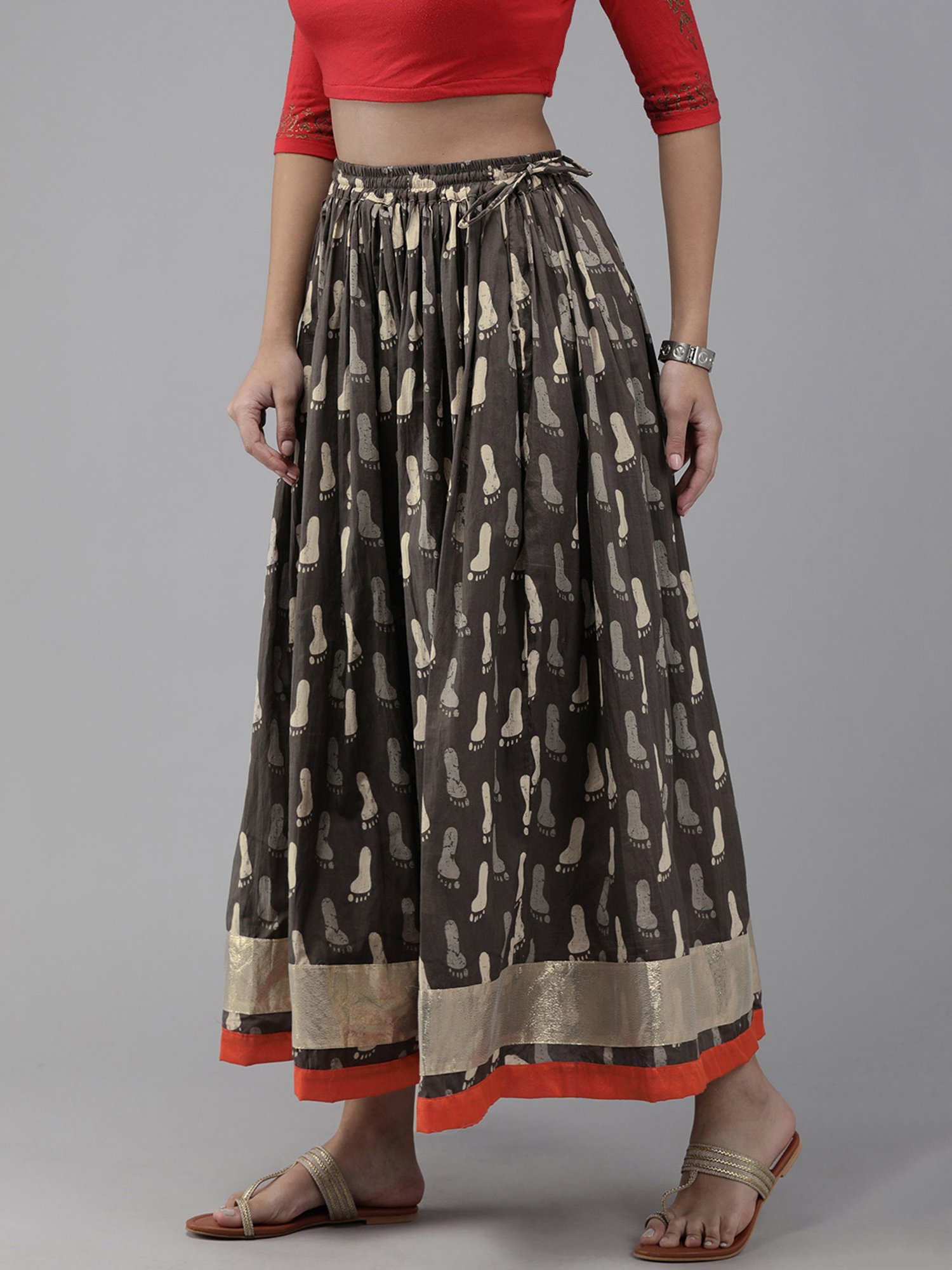 Geroo Jaipur Grey Hand Block Printed Skirt With Magzi Border