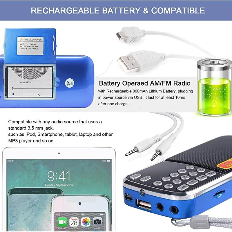 FM Portable Pocket Radio Battery Operated - with Best Reception. FM Compact USB Rechargeable Radios Music Player Support Micro SD/TF Card Slot (Blue)