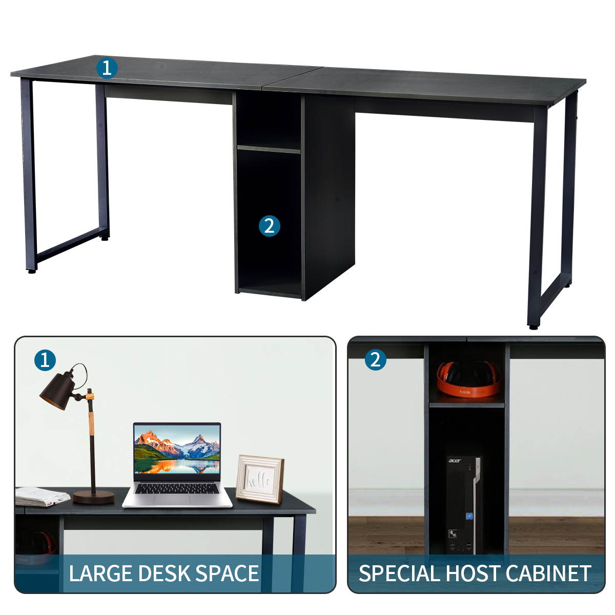 Gaming Desk 47.2" W x 23.6" D Office Computer Table, Black Gamer Workstation with 2 Cable Management Holes