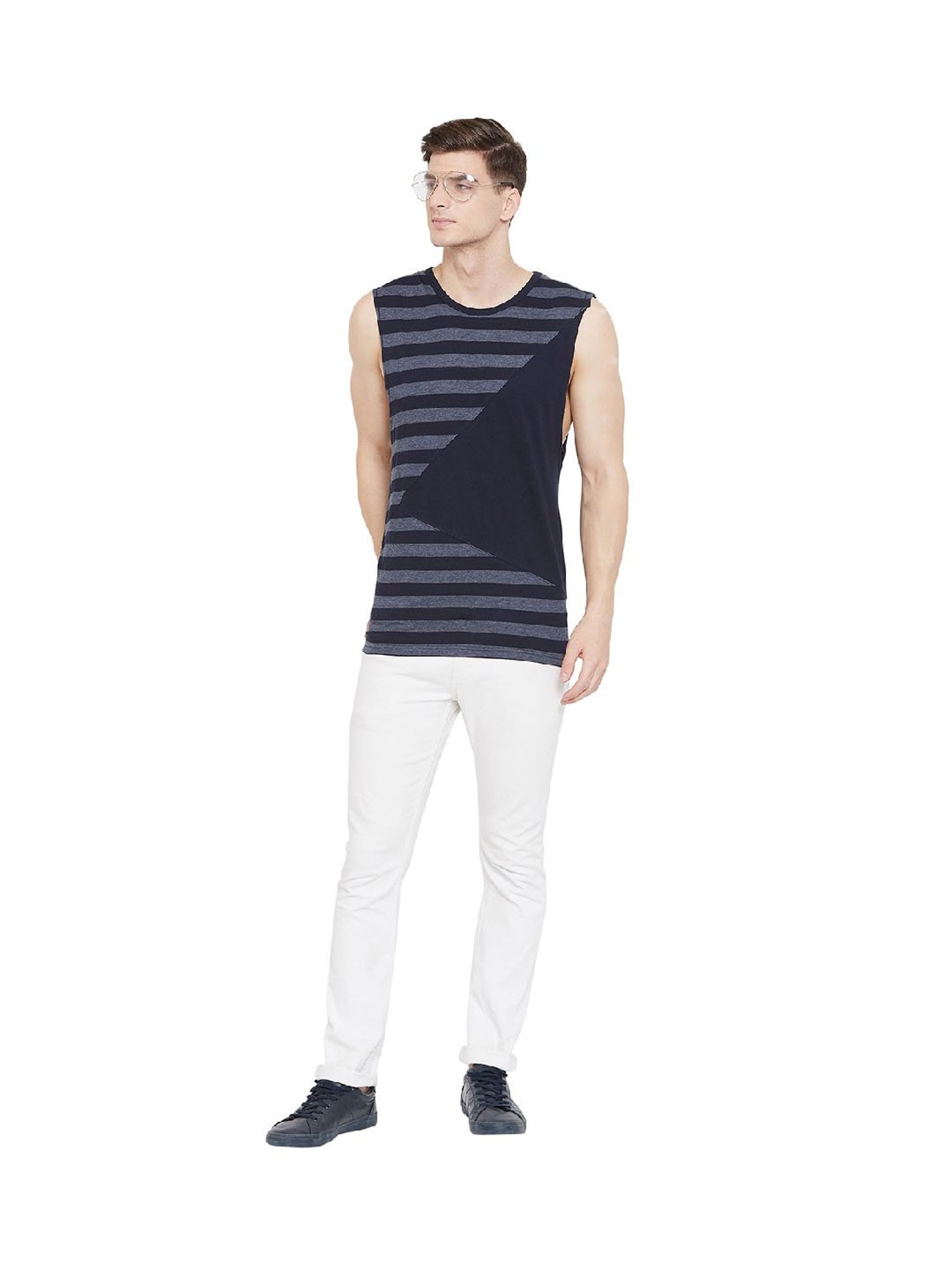 Hypernation Blue & Grey Stripes Cotton T-Shirt