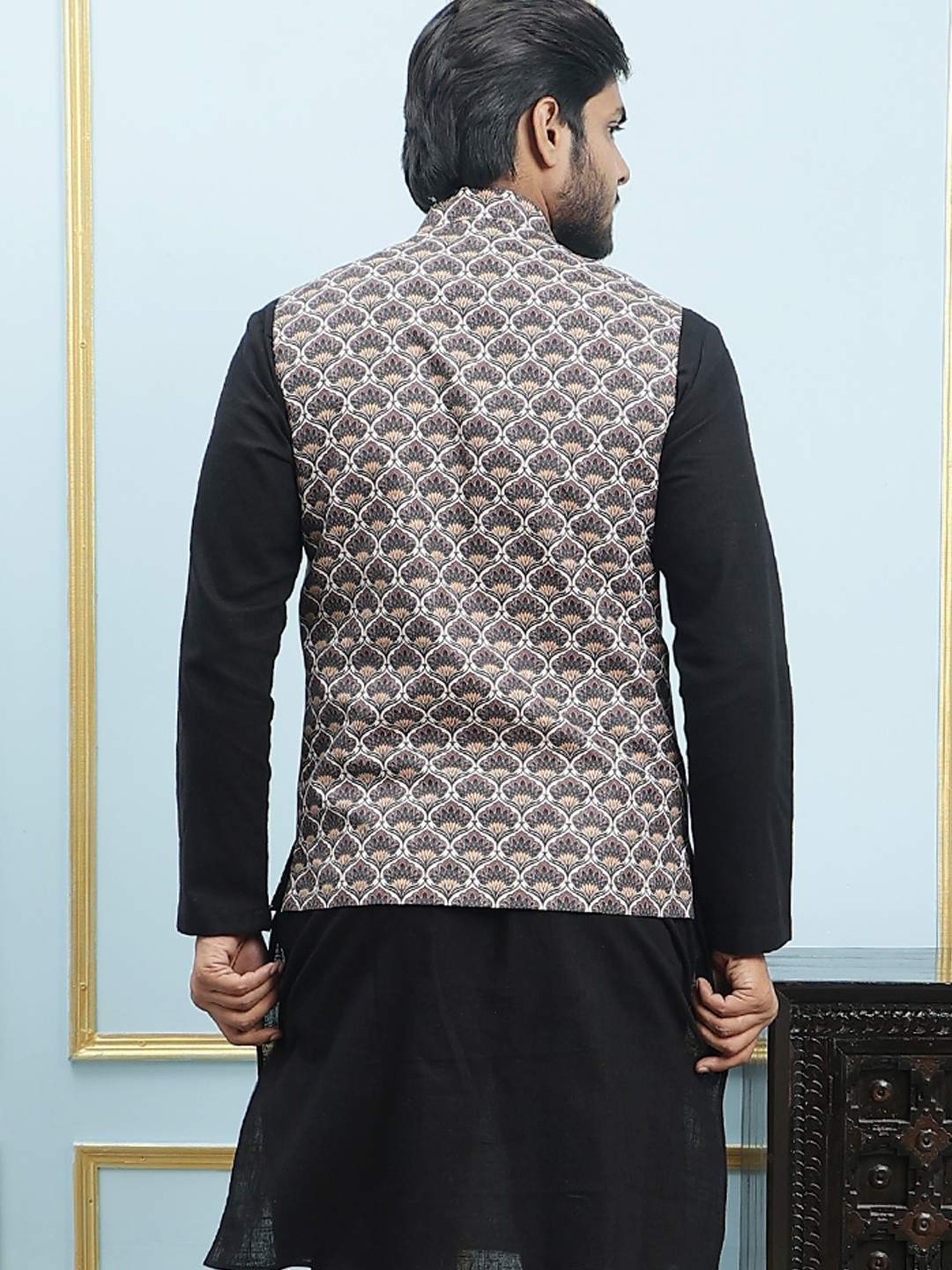 See Designs Black Slim Fit Printed Nehru Jacket