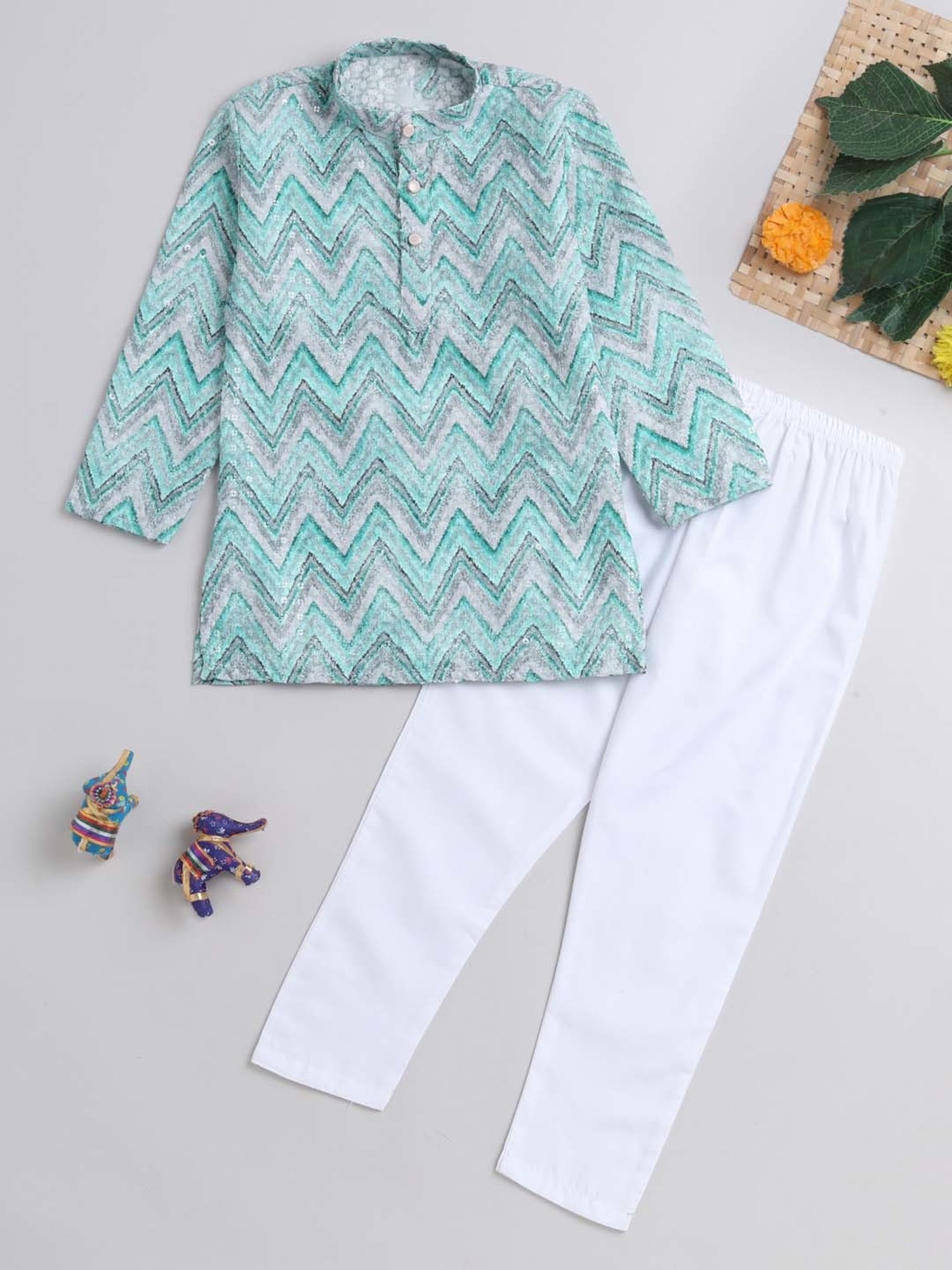 The Magic Wand Kids Blue & White Cotton Embroidered Full Sleeves Kurta Set