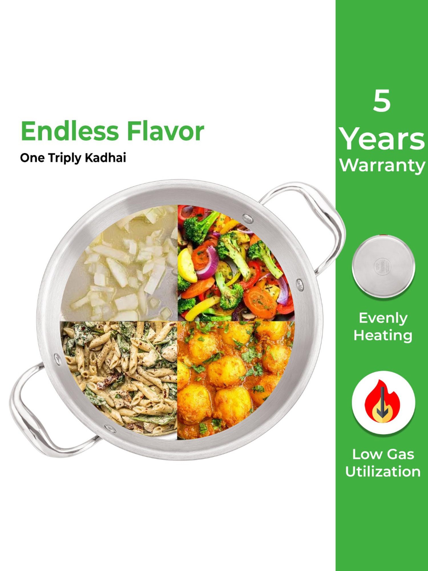 HAZEL Triply Stainless Steel Induction Bottom Kadhai With Stainless Steel Lid, 3 Litre, 26.8 cm