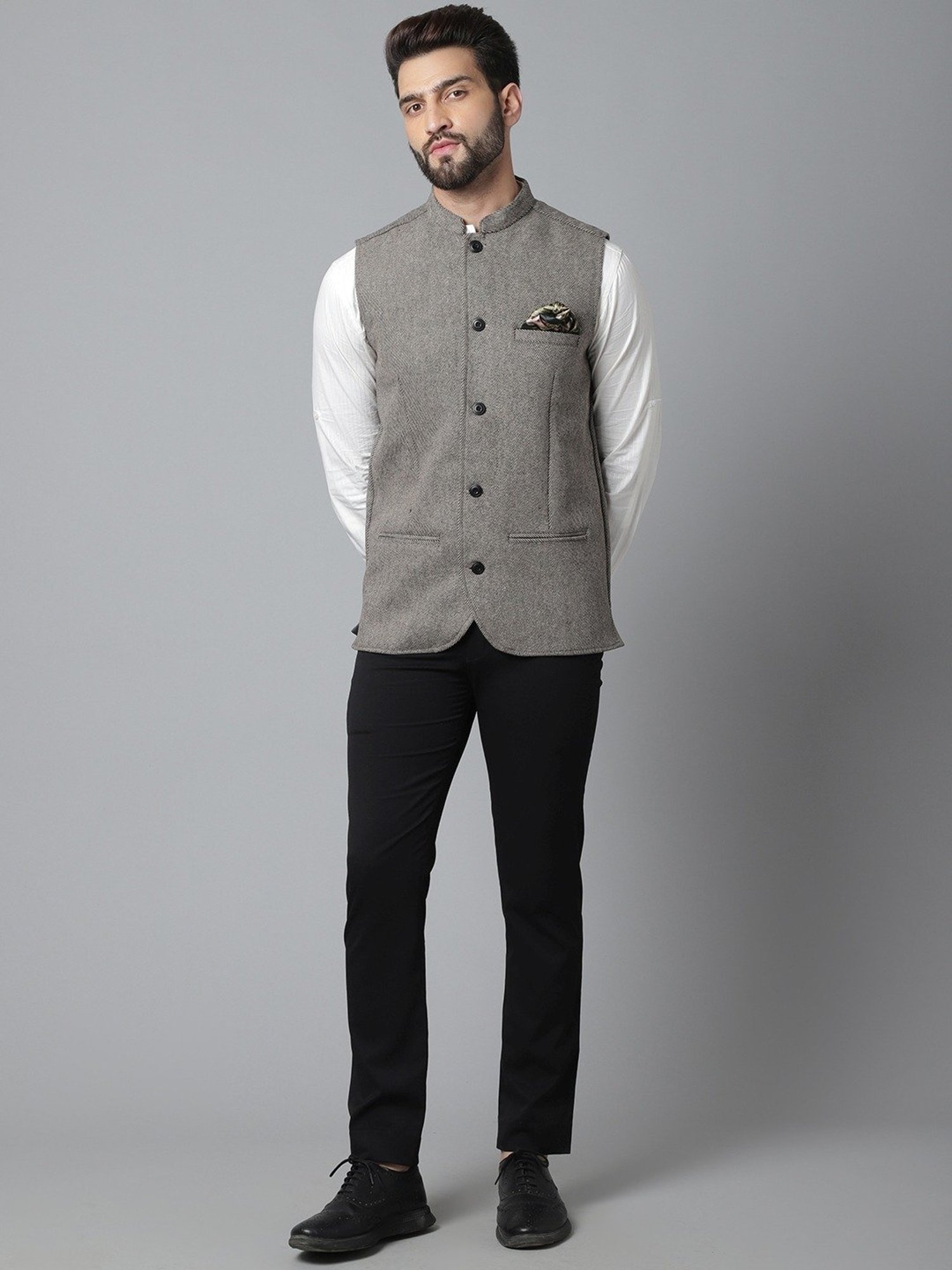 Even Cream Regular Fit Texture Nehru Jacket