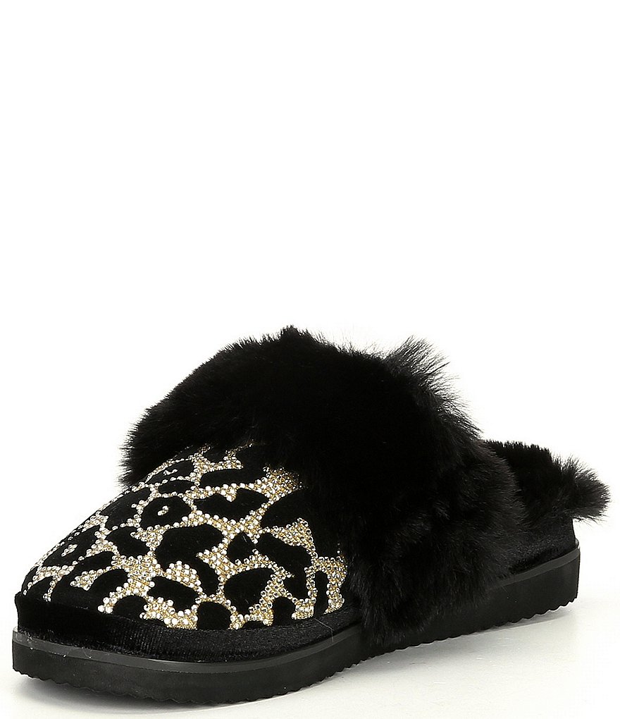 Gianni Bini Comfiee Leopard Print Rhinestone Embellished Faux Fur Slippers