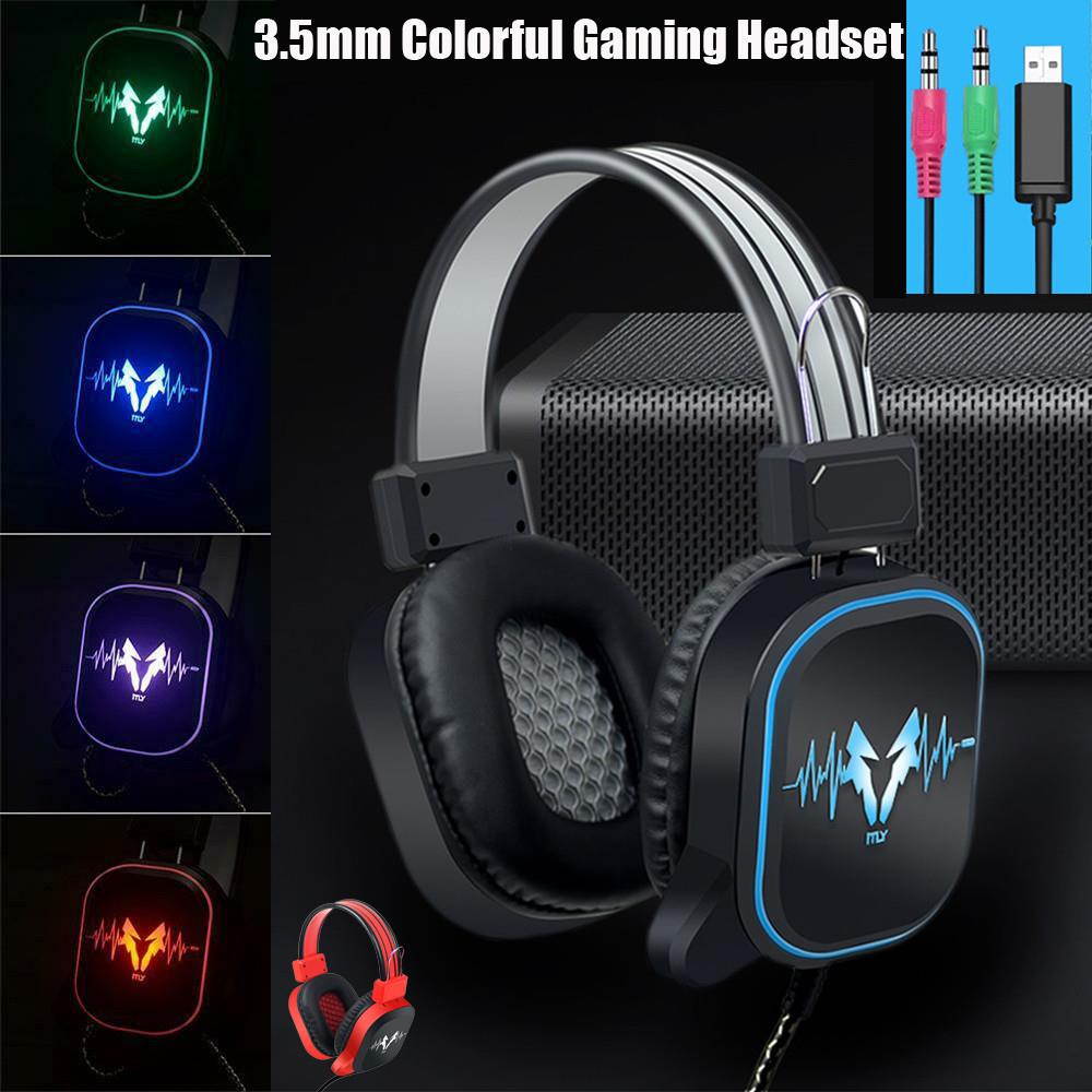 USB Wired Gaming Headphone LED RGB Lighting Over-Ear Gamer Headset with Microphone for PC Laptop Xbox One PS4 Not glowing black gray