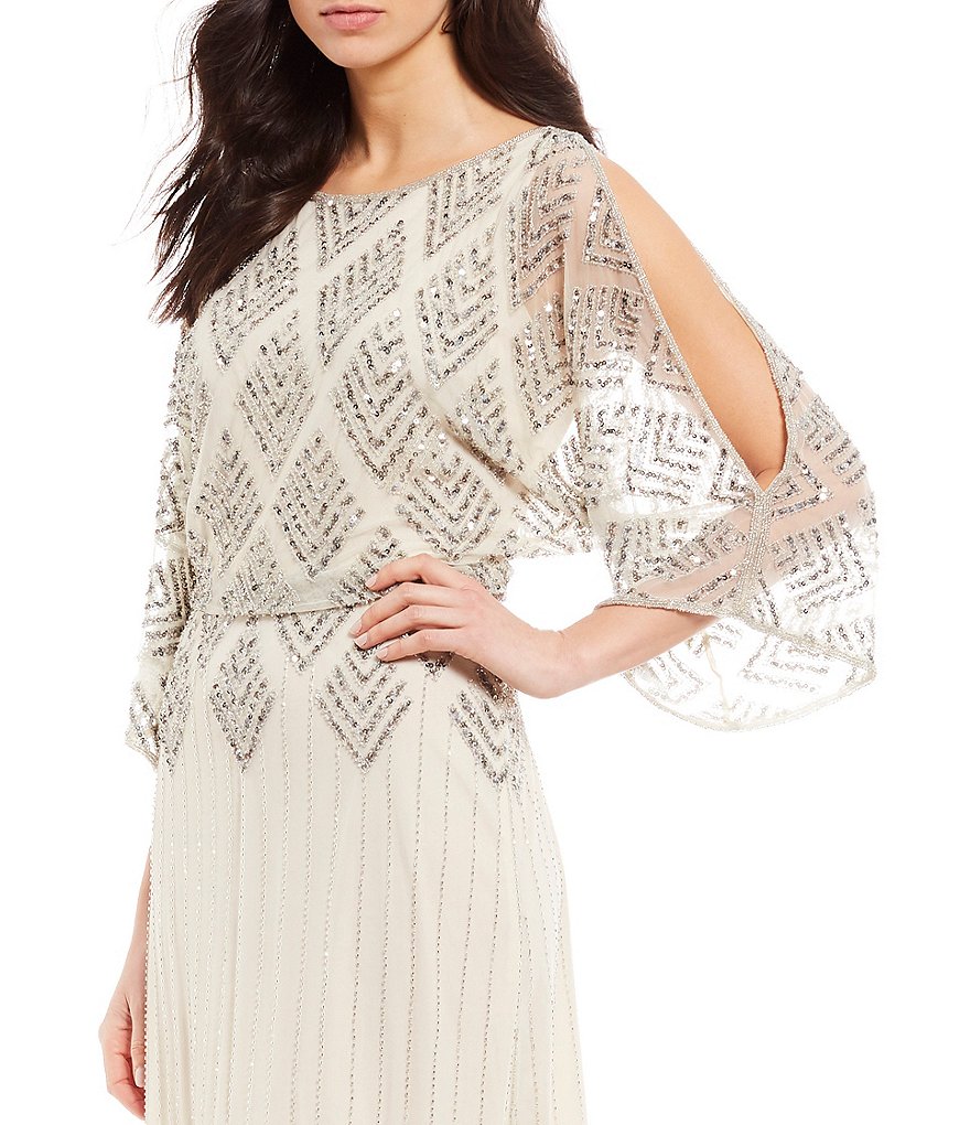 Pisarro Nights Diamond Beaded Blouson Slit Sleeve Detail Gown