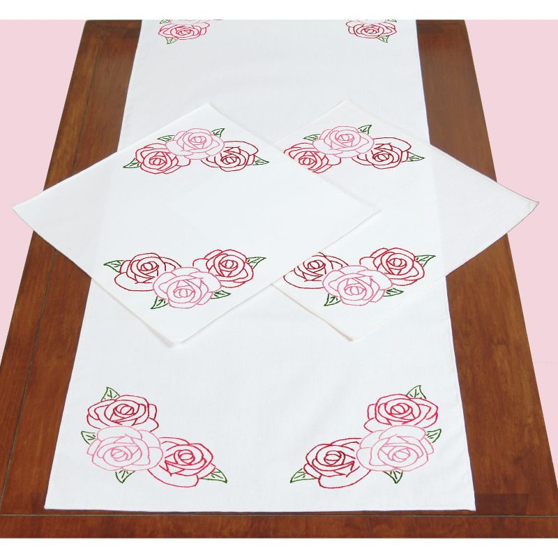 Jack Dempsey Stamped Dresser Scarf & Doilies Perle Edge-Rose Garden