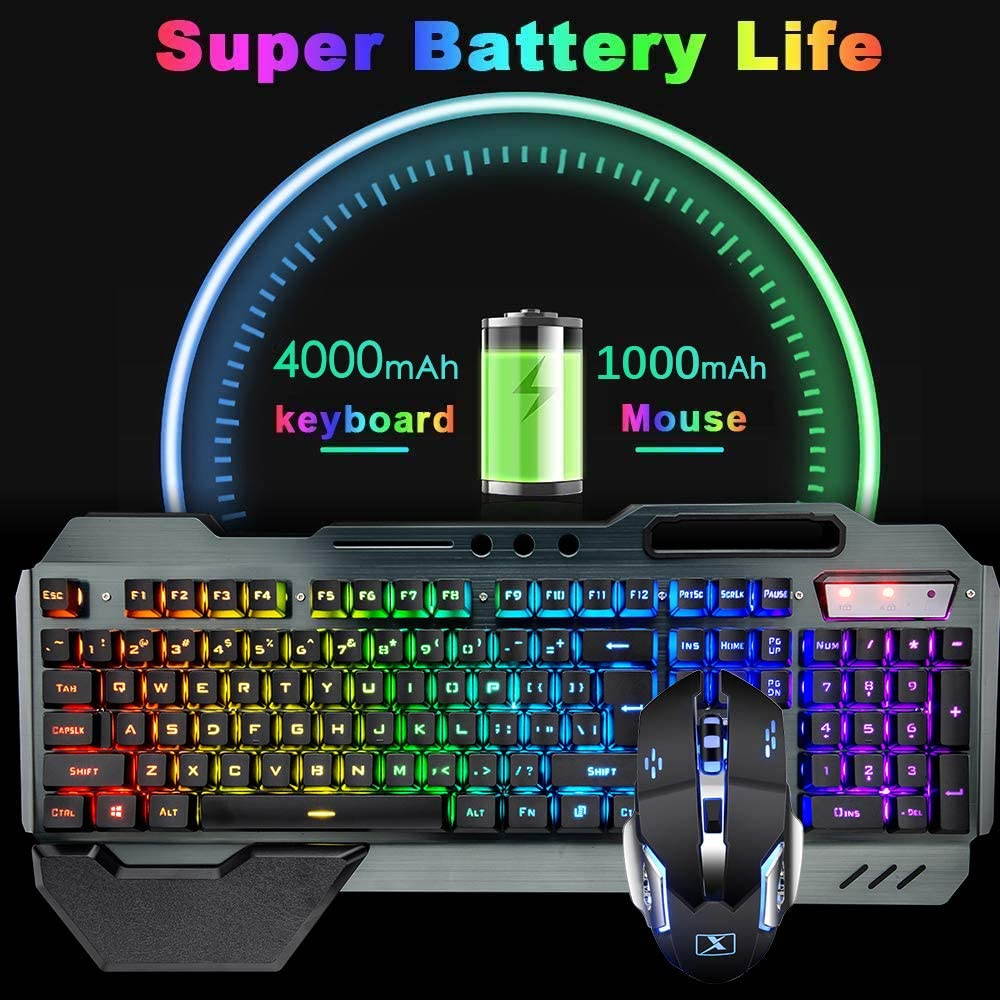 CUUWE Wireless Gaming Keyboard and Mouse,RGB Backlit Rechargeable Keyboard with 5000mAh Battery Metal Panel,Removable Hand Rest Mechanical Feel Keyboard and 7 Color Gaming Mute Mouse for PC Gamers
