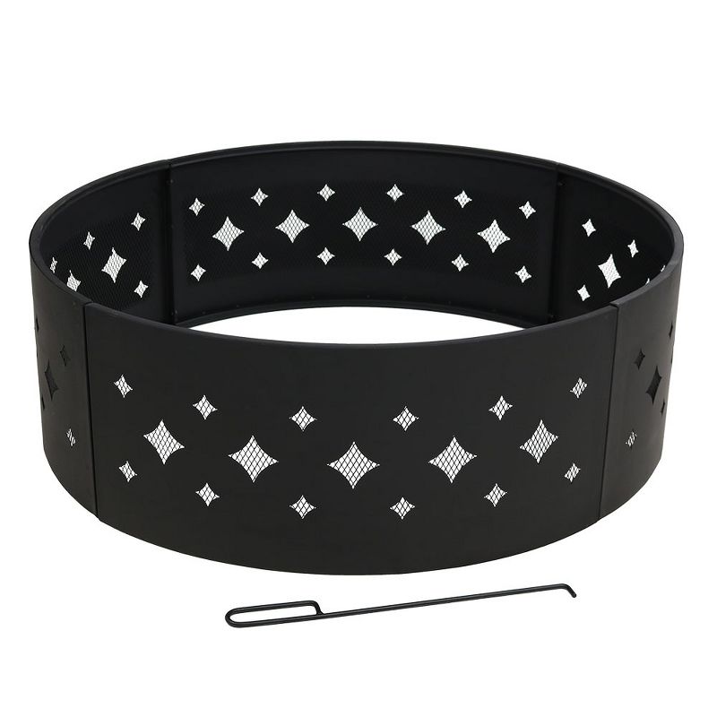 Sunnydaze Outdoor Heavy-Duty Steel Portable Large Round Diamond Cut Out Fire Pit Ring with Log Poker - 36" - Black