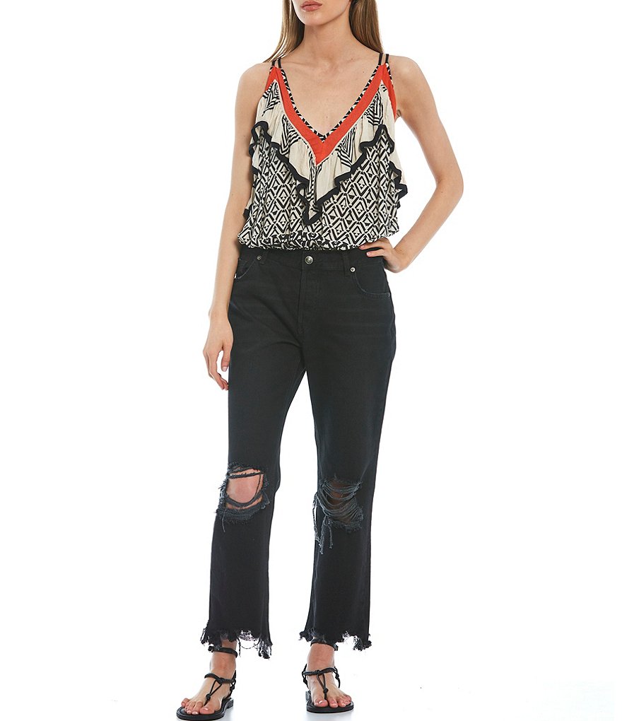 Free People Anika Geo Border Print Ruffle V-Neck Tank