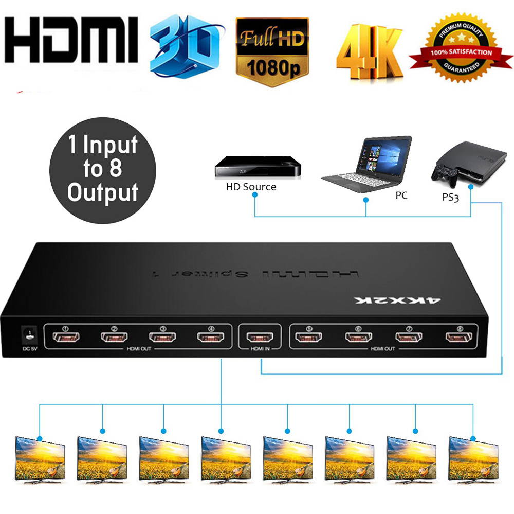 HDMI Splitter 1 in 8 Out,Wanmingtek 8 Port Support 3D Full Ultra HD1080P with Power Adapter HDMI Splitter Audio Video Distributor
