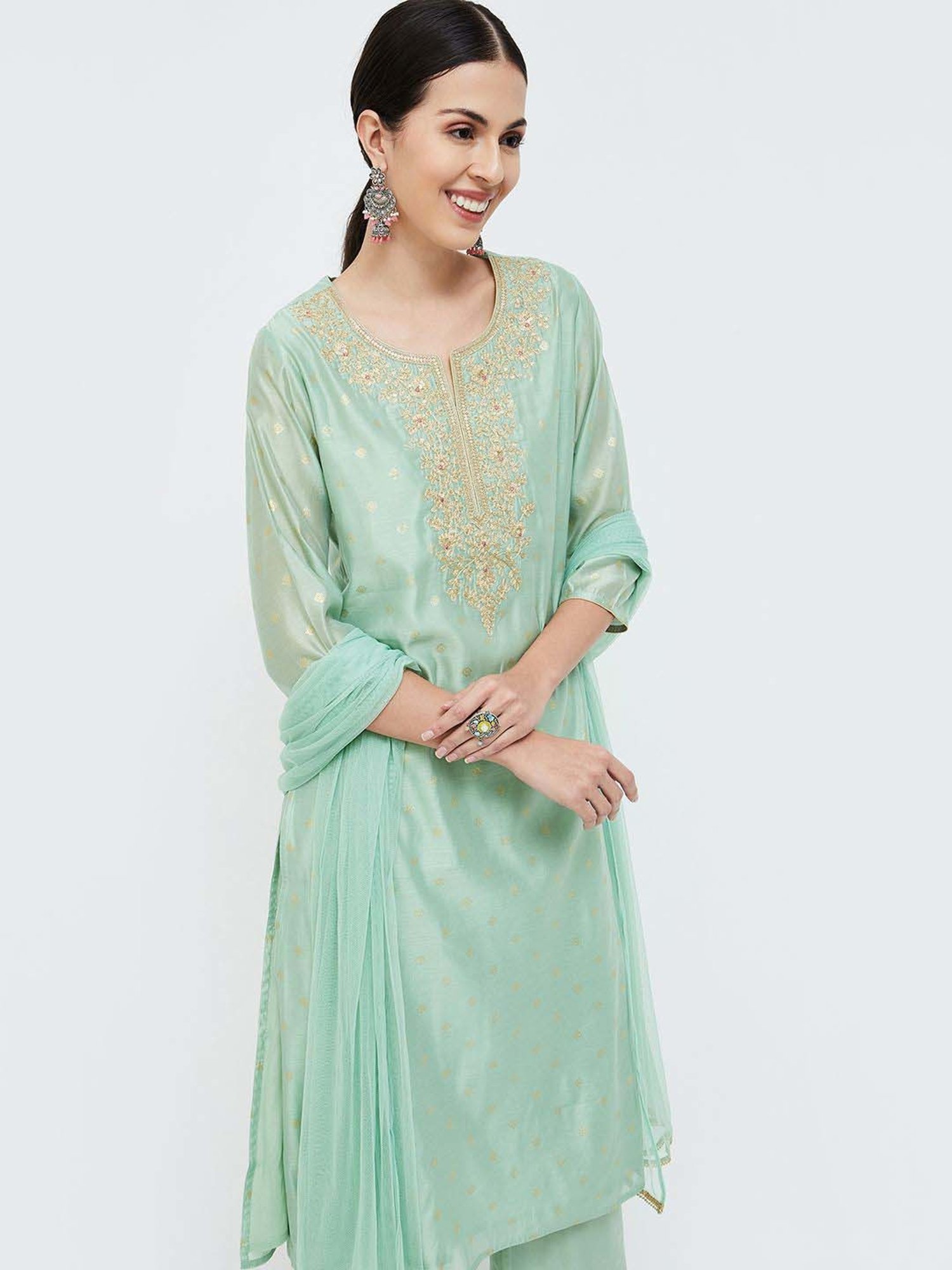 Melange by Lifestyle Sea Green Embroidered Kurta & Palazzo Set With Dupatta