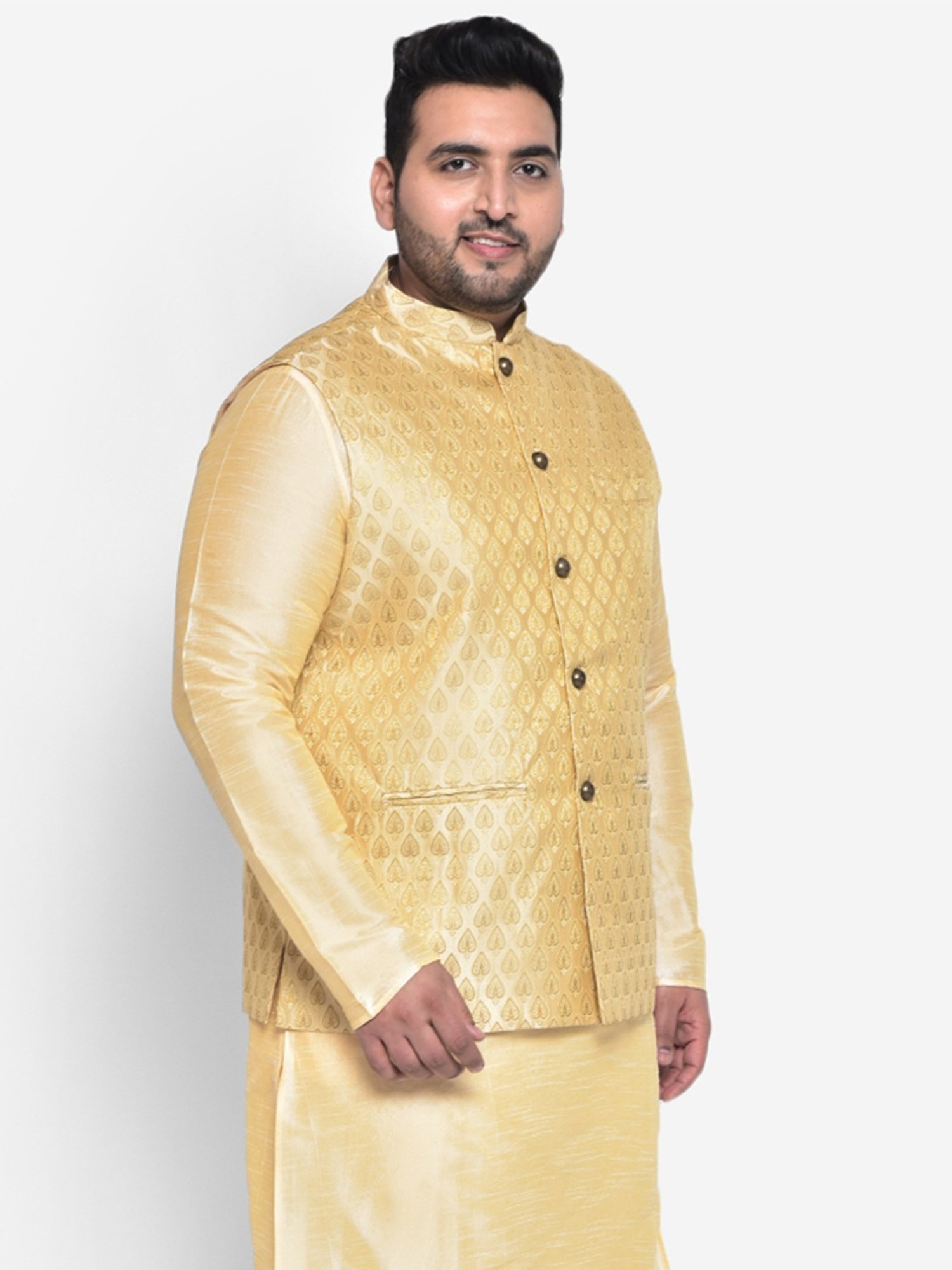 KISAH PLUS Beige Regular Fit Jacquard Nehru Jacket