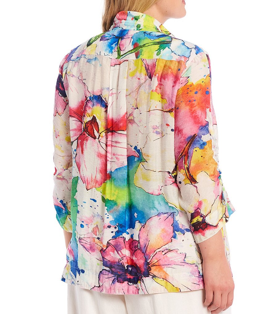 John Mark Plus Size Allover Floral Print Wire Point Collar Neck 3/4 Drawstring Sleeve Button Down Blouse