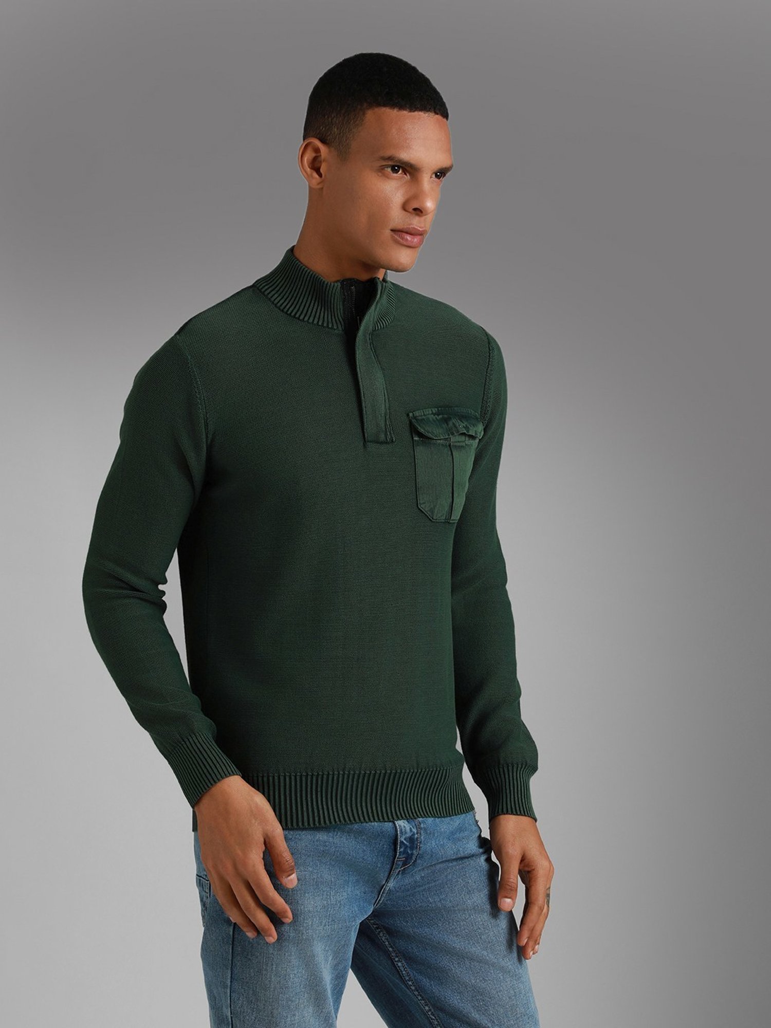 High Star Green Cotton Regular Fit Self Pattern Sweater