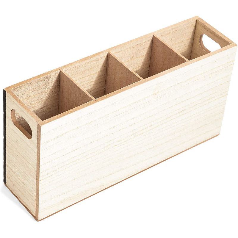 Rustic Wood Kitchen Cooking Utensil Holder Organizer Storage Caddy, 4 Compartments for Cutlery Silverware Flatware, 11.5"x3"x5.6" Brown/Black