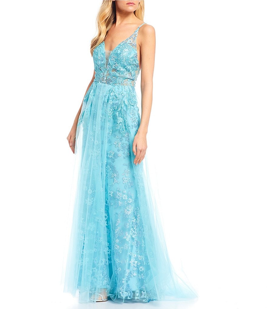 Coya Collection Spaghetti Strap Plunging V-Neck Beaded Embellished Mesh Dress