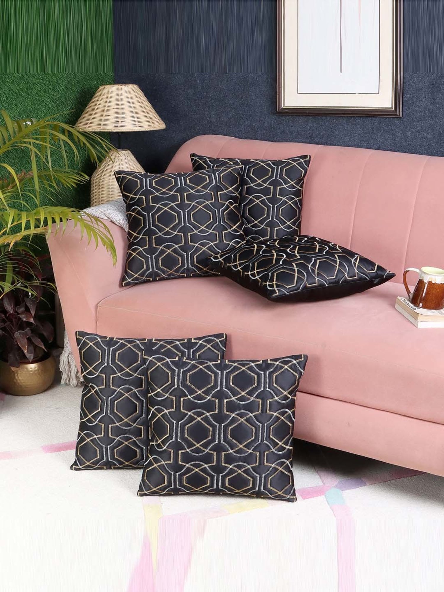 MFD HOME Furnishing Black Satin Cushion Cover - Set of 5